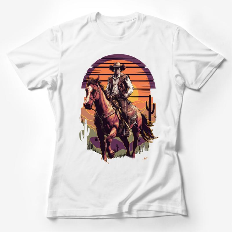 Cowboy and Horse T-Shirt, Western Sunset Graphic Tee, Vintage Style Cowboy Illustration, Unisex Cotton Shirt Female T-Shirt