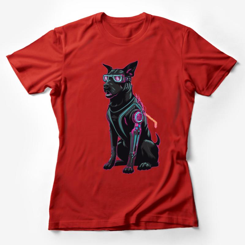 Cyberpunk Dog T-Shirt, Cool Neon Canine, Sci-Fi Robot Pet Tee, Unisex Cyber Animal Shirt, Futuristic Apparel, Casual Streetwear Female T-Shirt