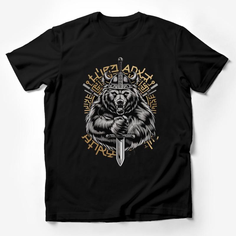 Warrior Bear T-Shirt with Sword and Norse Runes, Bold Graphic Tee for Viking Mythology Enthusiasts Male T-Shirt