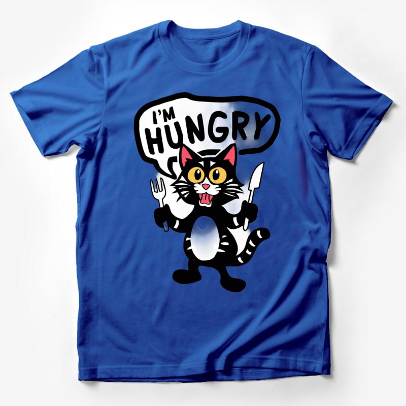 Hungry Cat Cartoon T-Shirt, Funny Cat Lover Tee, Quirky Animal Graphic Shirt, Unisex Casual Wear, Gift for Pet Owners Male T-Shirt