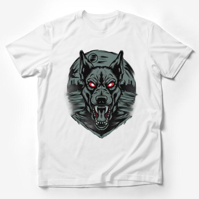 Menacing Wolf Design with Red Eyes and City Silhouette T-Shirt Male T-Shirt