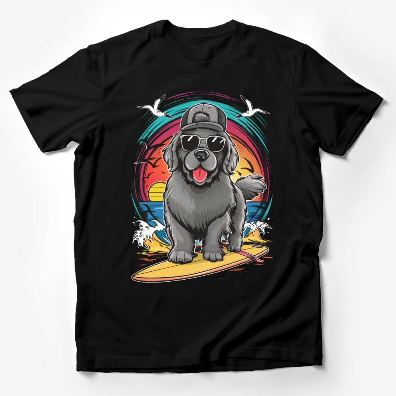 Cool Surfing Dog T-Shirt, Retro Beach Sunset Graphic with Black Dog Male T-Shirt