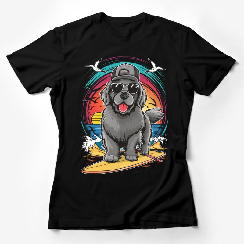 Cool Surfing Dog T-Shirt, Retro Beach Sunset Graphic with Black Dog Female T-Shirt