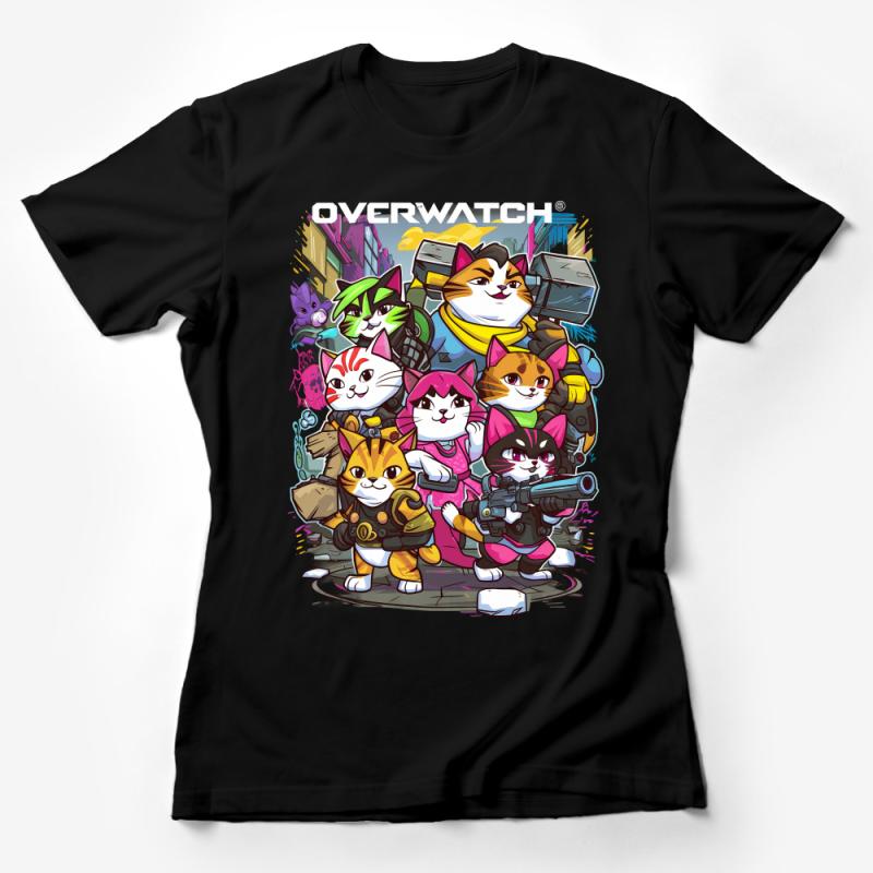 Colorful Overwatch Inspired Cats T-Shirt, Fun Gaming Fan Art Tee, Unique Illustrated Gamer Clothing Female T-Shirt