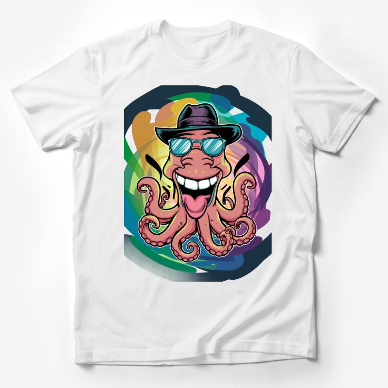 Funky Octopus with Hat and Sunglasses, Colorful Unisex T-Shirt, Cartoon Octopus Tee, Hipster Beachwear, Unique Graphic Shirt Design Male T-Shirt