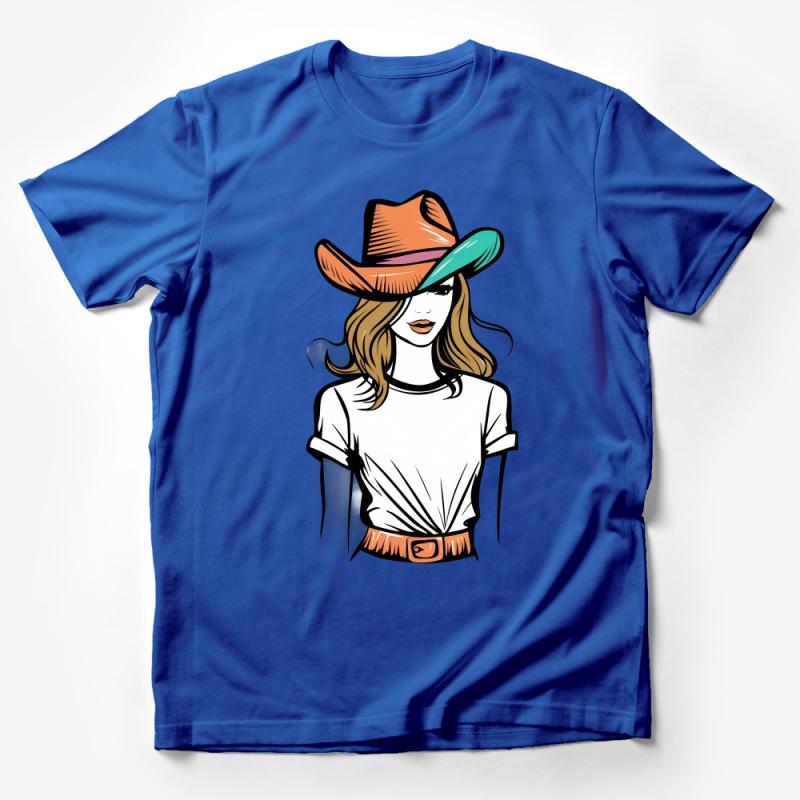 Stylish Cowgirl in Hat Graphic Tee, Western Fashion Illustration, Casual Wear Male T-Shirt