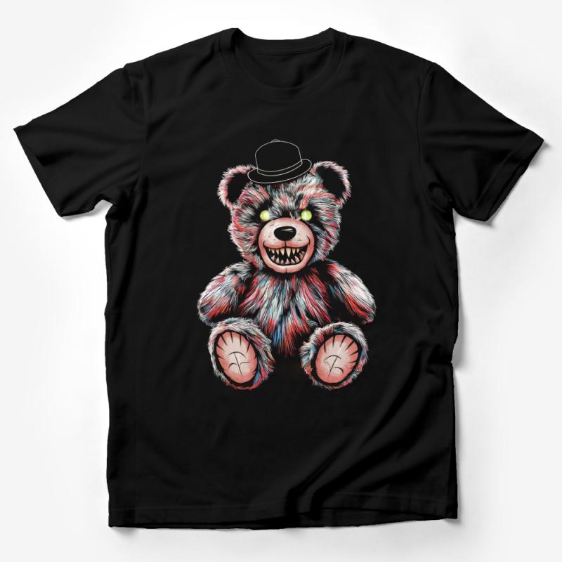 Unique Grunge Style Colorful Teddy Bear with a Hat Illustration T-Shirt Male T-Shirt