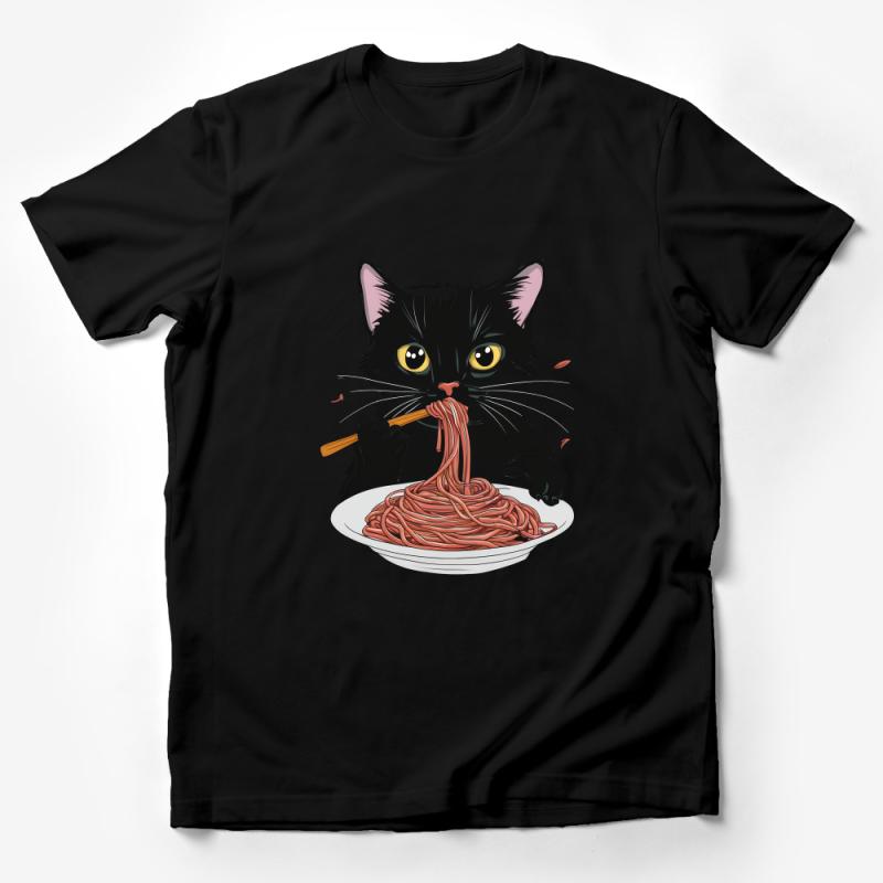 Black Cat Eating Spaghetti T-Shirt, Funny Cat Lover Tee, Cute Kitten Graphic Shirt, Pet Pasta Dinner Tee, Animal Cartoon Casual Top Male T-Shirt