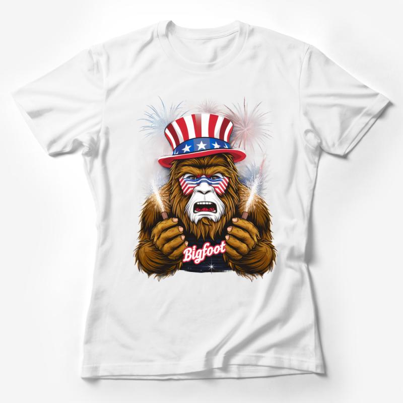 Patriotic Bigfoot T-Shirt, American Flag Top Hat, 4th of July Sasquatch Tee, Funny Cryptozoology Shirt, USA Mythical Creature Female T-Shirt