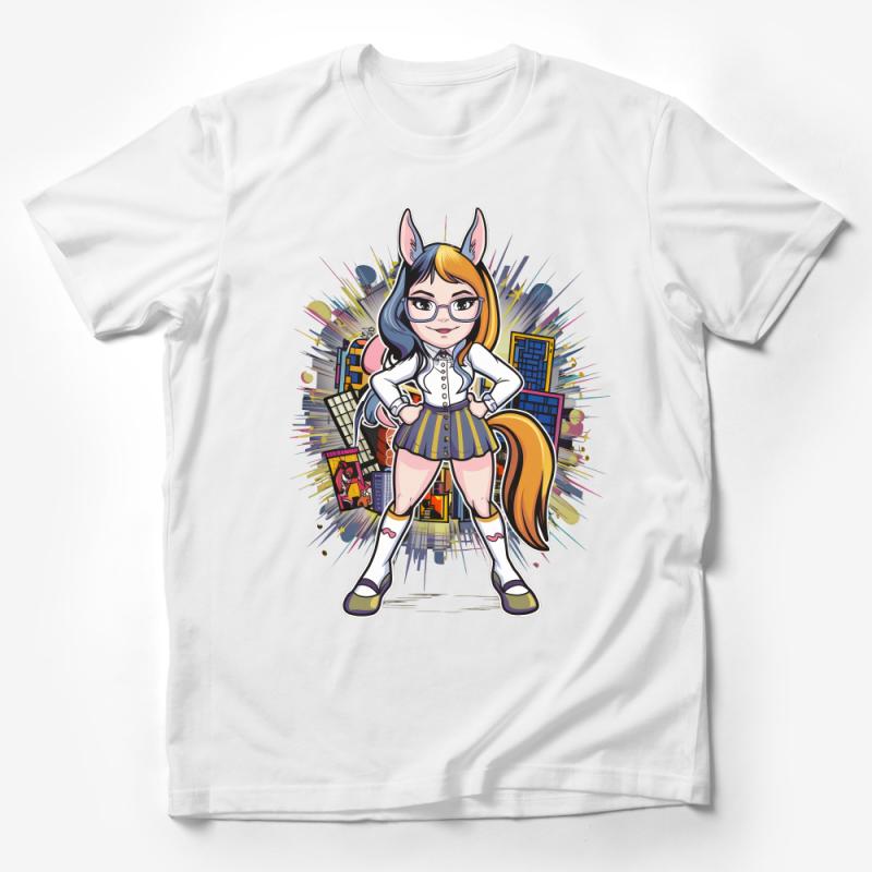 Urban Chic Horse Girl Anime T-Shirt, Colorful Cartoon Character Fashion Tee, Street Style Casual Shirt, Unique Graphic Top Male T-Shirt