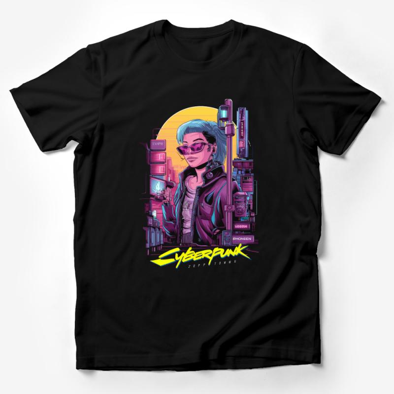 Cyberpunk Cityscape Graphic Tee, Futuristic Female Character T-Shirt, Neon Urban Art Top, Sci-Fi Fashion Male T-Shirt