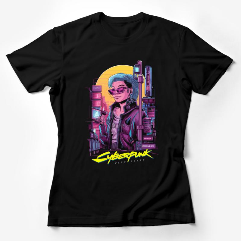 Cyberpunk Cityscape Graphic Tee, Futuristic Female Character T-Shirt, Neon Urban Art Top, Sci-Fi Fashion Female T-Shirt