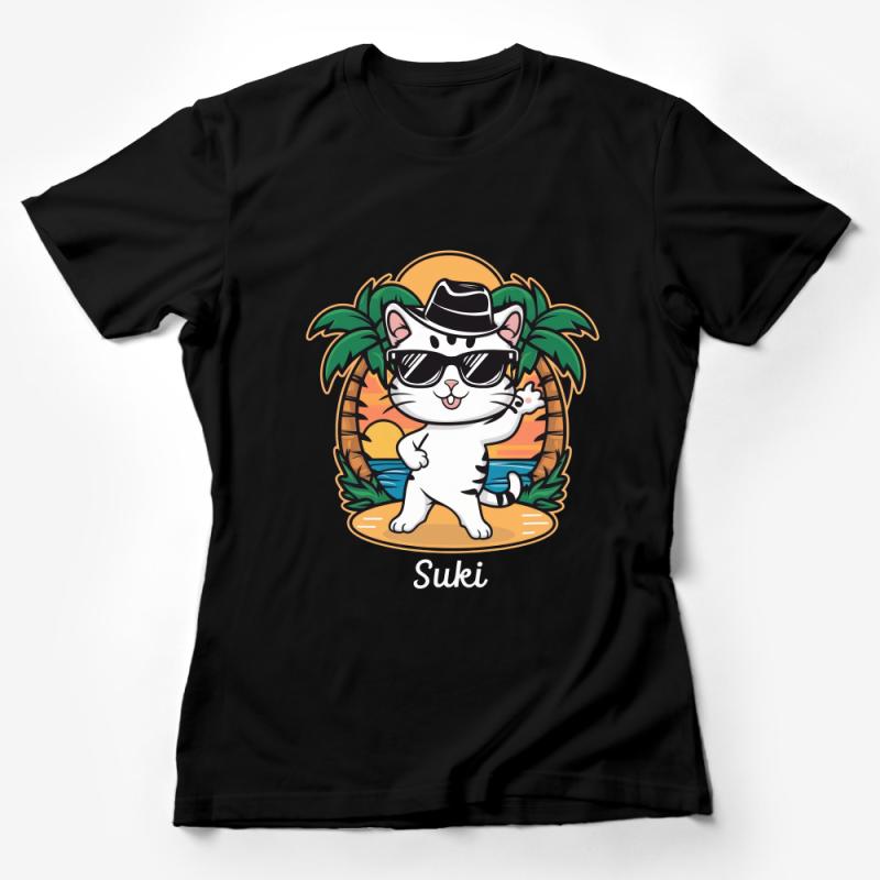 Tropical Cat T-Shirt, Cool Cat with Sunglasses and Hat, Beach Palm Trees Graphic Tee, Unisex Summer Fashion, Casual Shirt for Cat Lovers Female T-Shirt