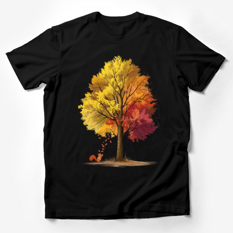 Autumn Tree and Squirrel Graphic Tee, Nature Inspired Fall Season T-Shirt, Unisex Casual Wear Male T-Shirt