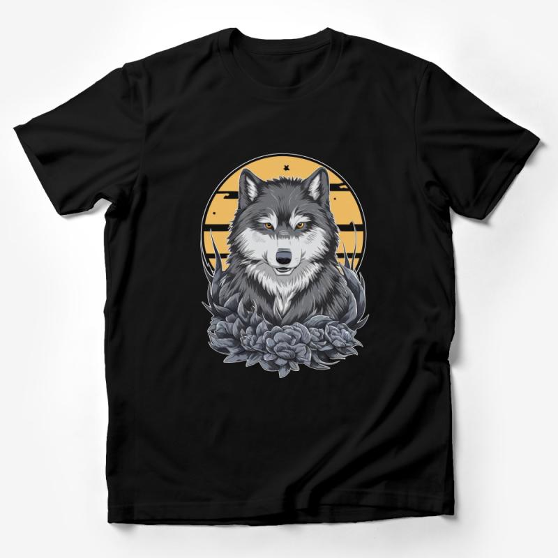 Majestic Wolf Portrait with Floral Elements on Golden Moon T-Shirt Design Male T-Shirt