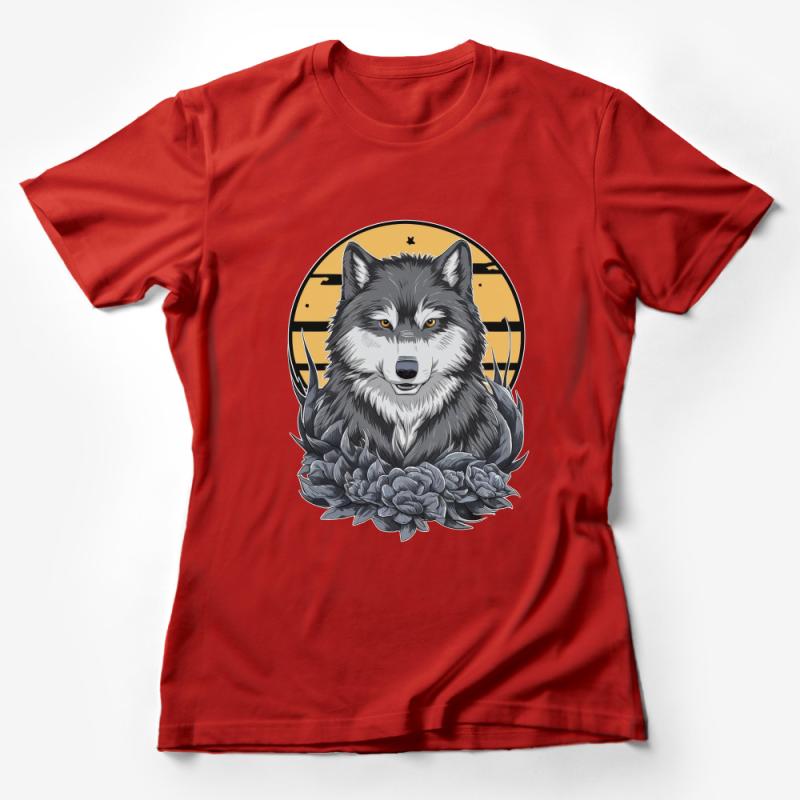 Majestic Wolf Portrait with Floral Elements on Golden Moon T-Shirt Design Female T-Shirt