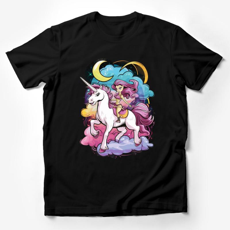 Magical Unicorn T-Shirt with Fairy Rider, Fantasy Graphic Tee, Women's Colorful Unicorn Shirt, Unique Design Top, Gift for Her Male T-Shirt