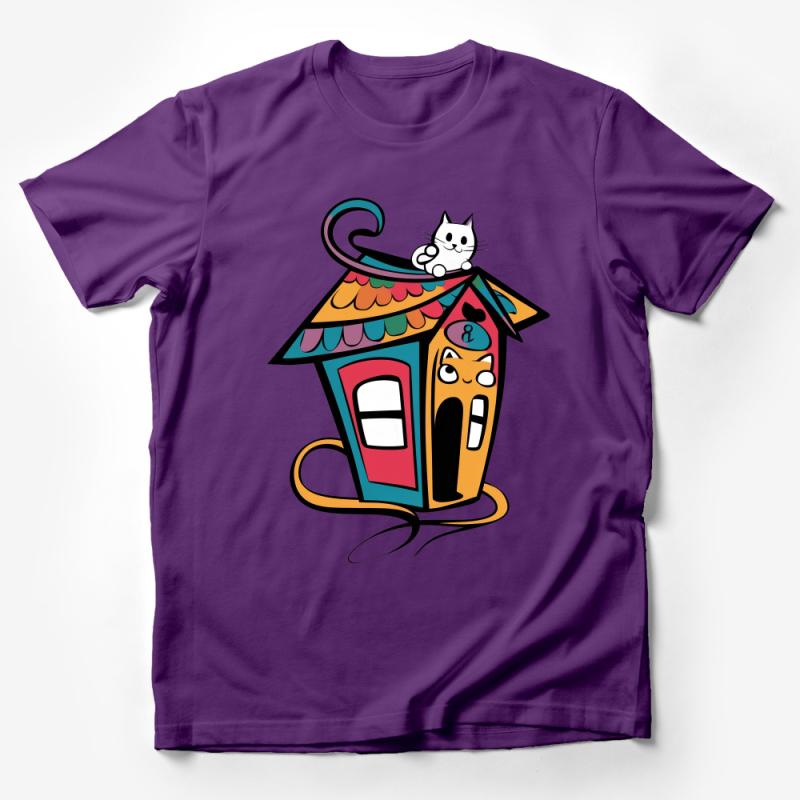 Whimsical Cat on Colorful Whimsy House Illustration Tee, Artistic Cartoon T-Shirt for All Ages Male T-Shirt