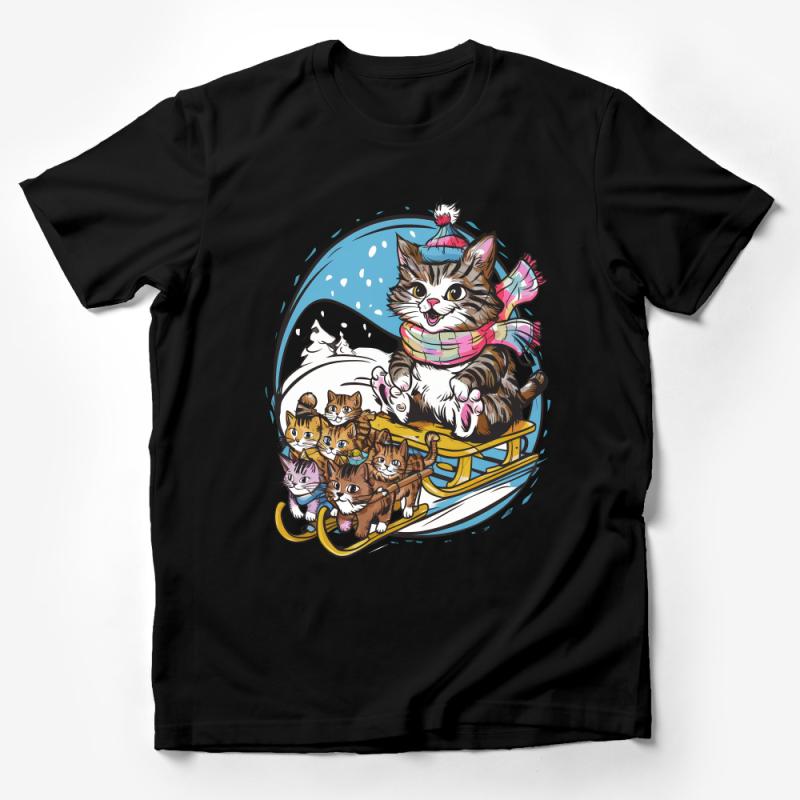 Winter Cat Sled Team T-Shirt, Cute Kitten Sledding Adventure Tee, Unisex Cartoon Cat Lovers Gift, Snowy Fun Apparel Male T-Shirt