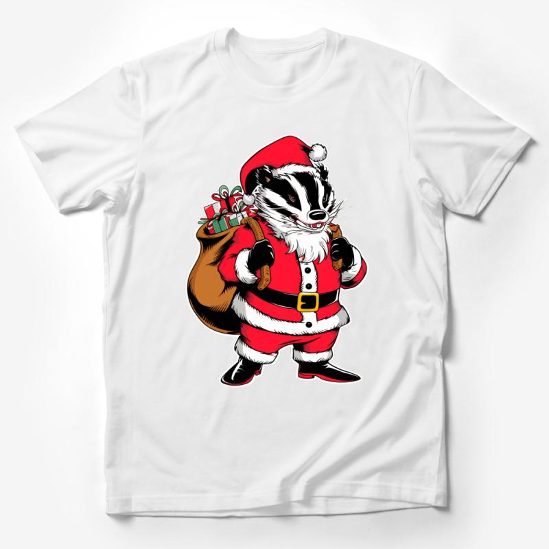 Festive Holiday Raccoon in Santa Outfit with Gifts T-Shirt Design Male T-Shirt