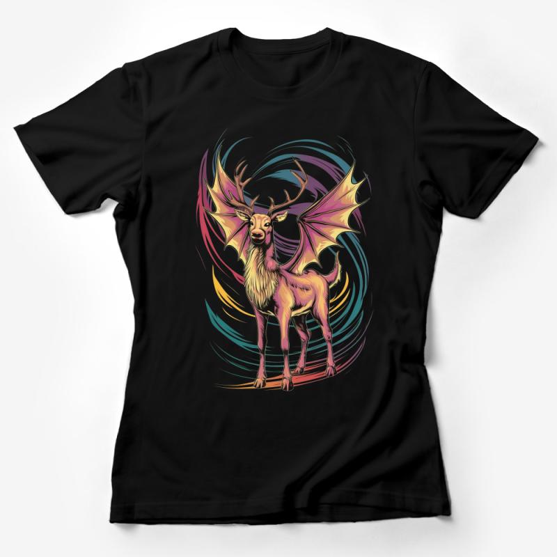 Fantasy Winged Elk Graphic Tee, Colorful Mythical Creature Illustration T-Shirt Female T-Shirt