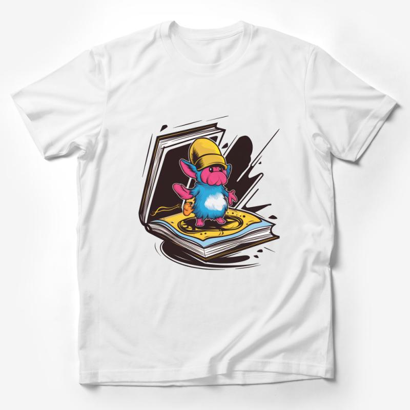 Whimsical Gnome Reading Book T-Shirt, Fantasy Creature, Magical World, Book Lover Gift, Unique Illustration Tee Male T-Shirt