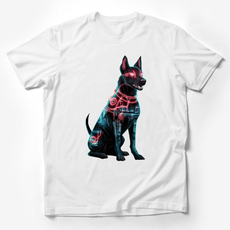 Cyberpunk Dog T-Shirt, Neon Cyber Dog Tee, Tech Animal Graphic Shirt, Unisex Futuristic Clothing, Sci-Fi Pet Lover Gift, Black Tee Male T-Shirt