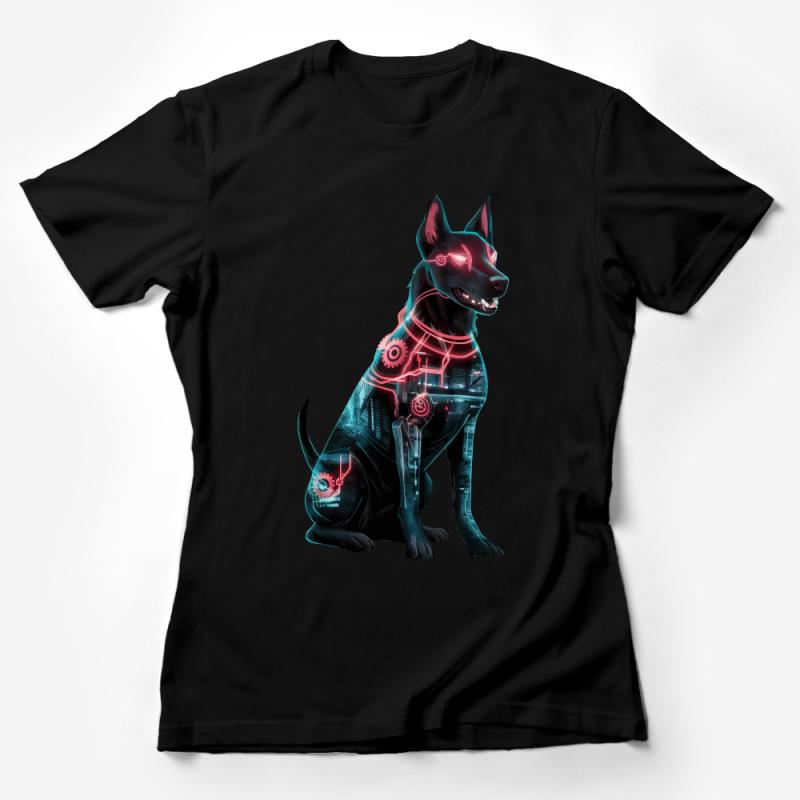 Cyberpunk Dog T-Shirt, Neon Cyber Dog Tee, Tech Animal Graphic Shirt, Unisex Futuristic Clothing, Sci-Fi Pet Lover Gift, Black Tee Female T-Shirt