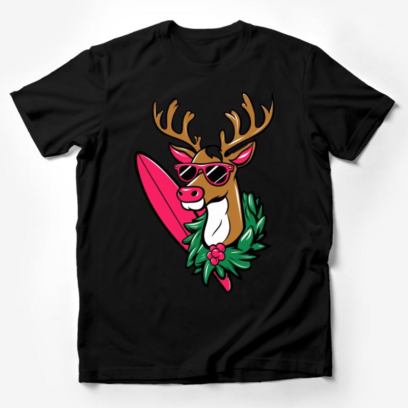 Surfing Reindeer T-Shirt, Cool Summer Christmas Tee, Funny Beach Holiday Top, Unique Surfer Gift, Unisex Male T-Shirt