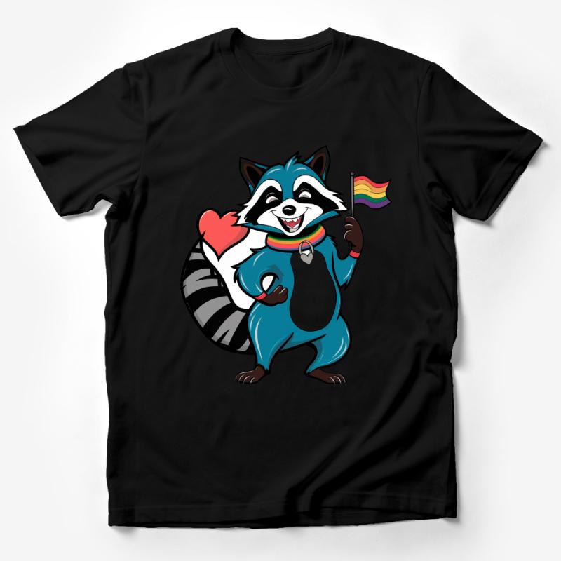 Pride Raccoon Cartoon T-Shirt, LGBTQ+ Rainbow Flag Heart, Cute Animal Tee, Unisex Casual Wear, Love Wins Shirt, Colorful Graphic Top Male T-Shirt