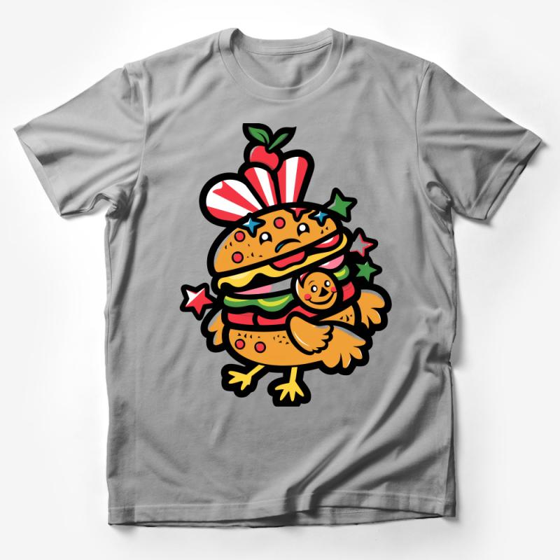 Funky Burger Chicken Combo T-Shirt, Colorful Foodie Graphic Tee, Unisex Casual Streetwear, Quirky Fast Food Shirt Male T-Shirt