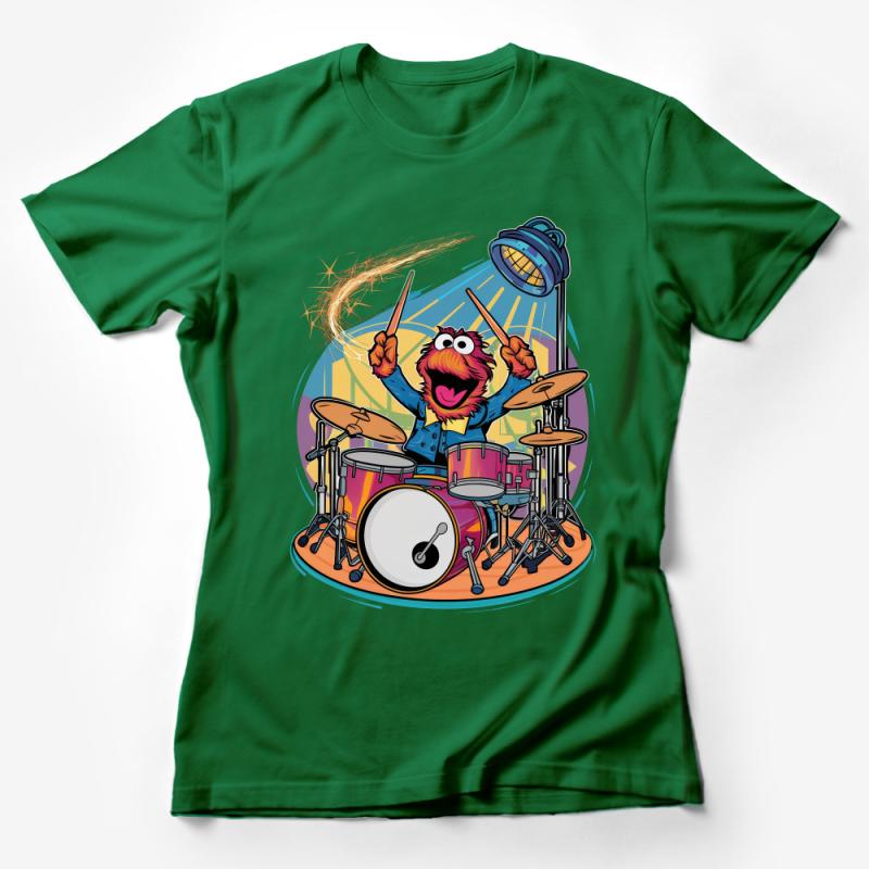 Colorful Cartoon Drummer Monster on T-Shirt, Fun Drumming Character Tee for Music Enthusiasts Female T-Shirt