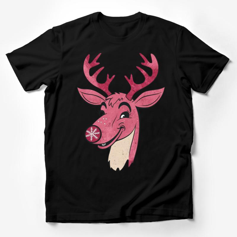 Whimsical Pink Reindeer with Snowflake Nose Christmas T-Shirt Design Male T-Shirt