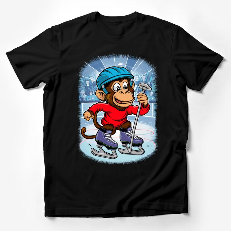 Cartoon Monkey Ice Hockey Player T-Shirt, Funny Animal Sports Tee, Unique Graphic Design Shirt, Kids and Adults Male T-Shirt