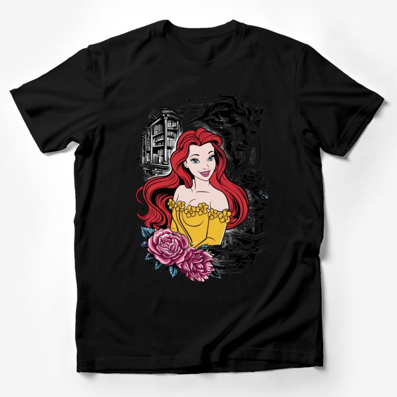 Princess Themed T-Shirt with Red-Haired Cartoon, Enchanted Castle, Lion Design, Floral Rose Graphic Tee, Fairytale Inspired Apparel Male T-Shirt