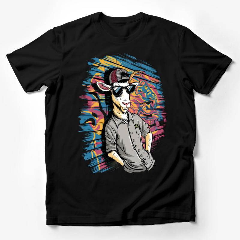 Cool Goat with Sunglasses Graphic Tee, Urban Style Animal T-Shirt, Hip-Hop Goat Art, Unisex Clothing Male T-Shirt