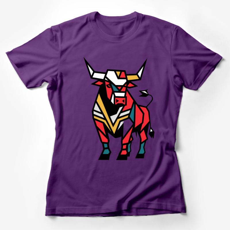 Colorful Abstract Geometric Bull T-Shirt, Modern Art Inspired Graphic Tee, Bold Color Block Animal Design Unisex Shirt Female T-Shirt