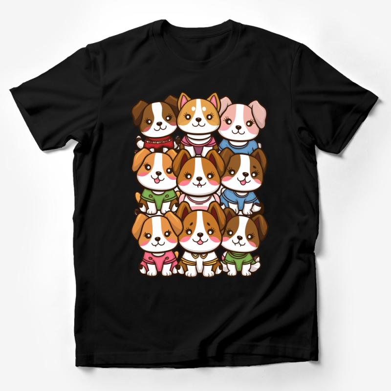 Cute Cartoon Dog Pyramid Graphic Tee, Colorful Puppy Friends T-Shirt for Dog Lovers Male T-Shirt