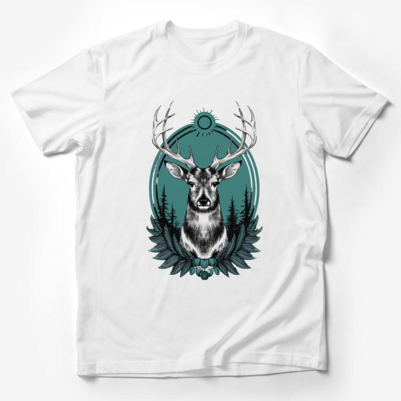 Majestic Deer with Antlers and Forest Backdrop Unisex T-Shirt for Nature Lovers Male T-Shirt