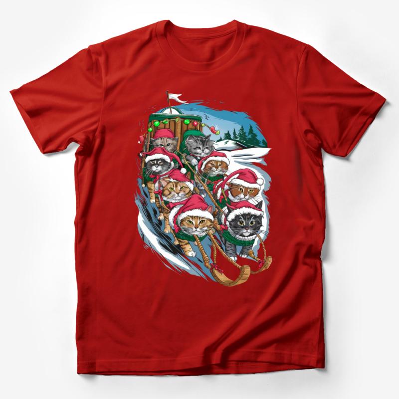 Festive Cat Sleigh Ride T-Shirt, Cute Santa Cats Holiday Tee, Christmas Cat Lover Gift, Winter Feline Apparel, Unisex Graphic Shirt Male T-Shirt