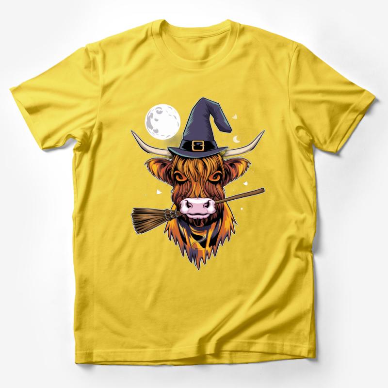 Highland Cow Witch Halloween T-Shirt, Spooky Bovine with Broomstick Graphic Tee, Moon and Wizard Hat Design Male T-Shirt