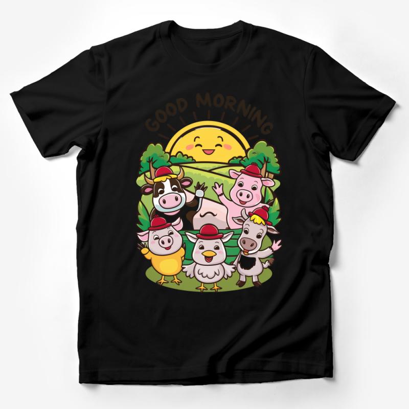 Good Morning Farm Animals Cute Cartoon T-Shirt, Fun Graphic Tee, Sunshine and Nature Inspired Casual Wear Male T-Shirt