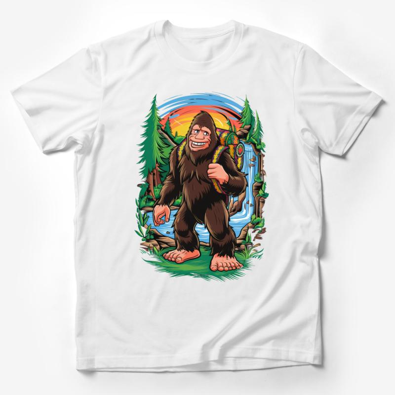 Funky Bigfoot with Backpack Hiking in Forest Sunset Illustration T-Shirt Male T-Shirt