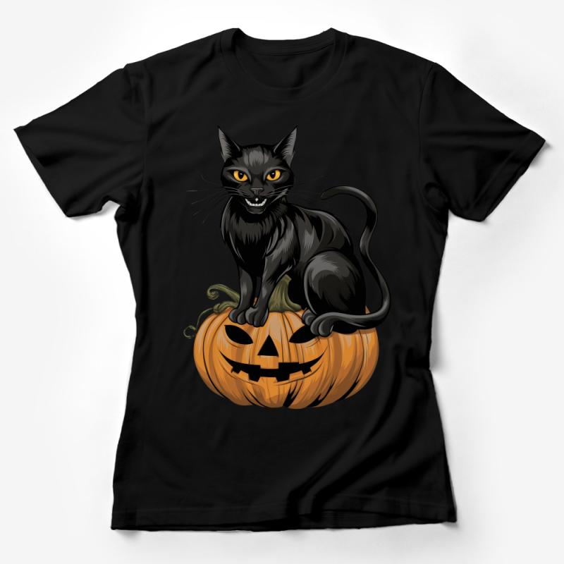 Black Cat on Pumpkin Halloween T-Shirt, Spooky Feline Lover Gift, Unique All Hallows' Eve Apparel Female T-Shirt