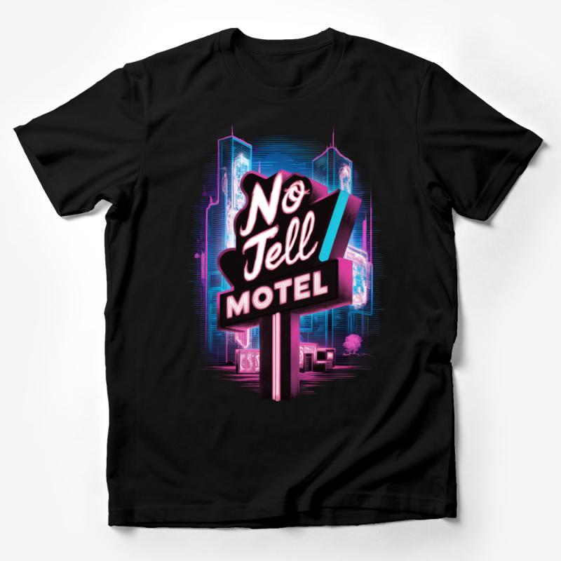 Retro Neon Sign No Tell Motel T-Shirt, Vintage Inspired Cityscape Graphic Tee, Unique Urban Streetwear for All Male T-Shirt