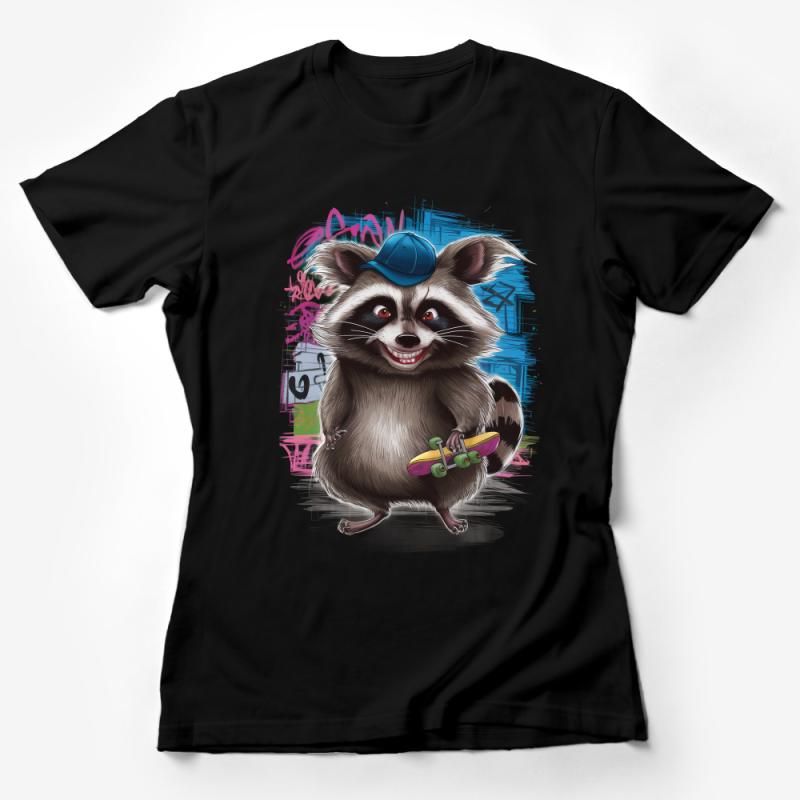 Urban Raccoon Skateboarder T-Shirt, Cool Animal Graphic Tee, Hipster Raccoon with Hat, Street Art Style, Unique Gift Shirt Female T-Shirt