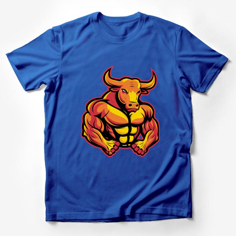 Muscular Bull Cartoon Character T-Shirt, Vibrant Fitness Mascot Apparel, Unique Strength Symbol Tee Male T-Shirt