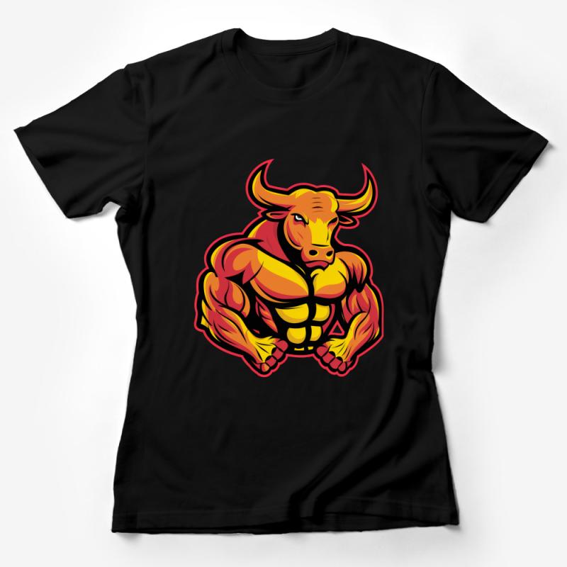 Muscular Bull Cartoon Character T-Shirt, Vibrant Fitness Mascot Apparel, Unique Strength Symbol Tee Female T-Shirt