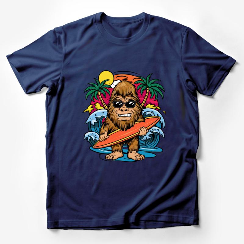 Surfing Sasquatch T-Shirt, Tropical Bigfoot Beachwear, Graphic Tee, Summer Fashion, Surf Lover Gift, Unique Illustration, Men's Women's Male T-Shirt