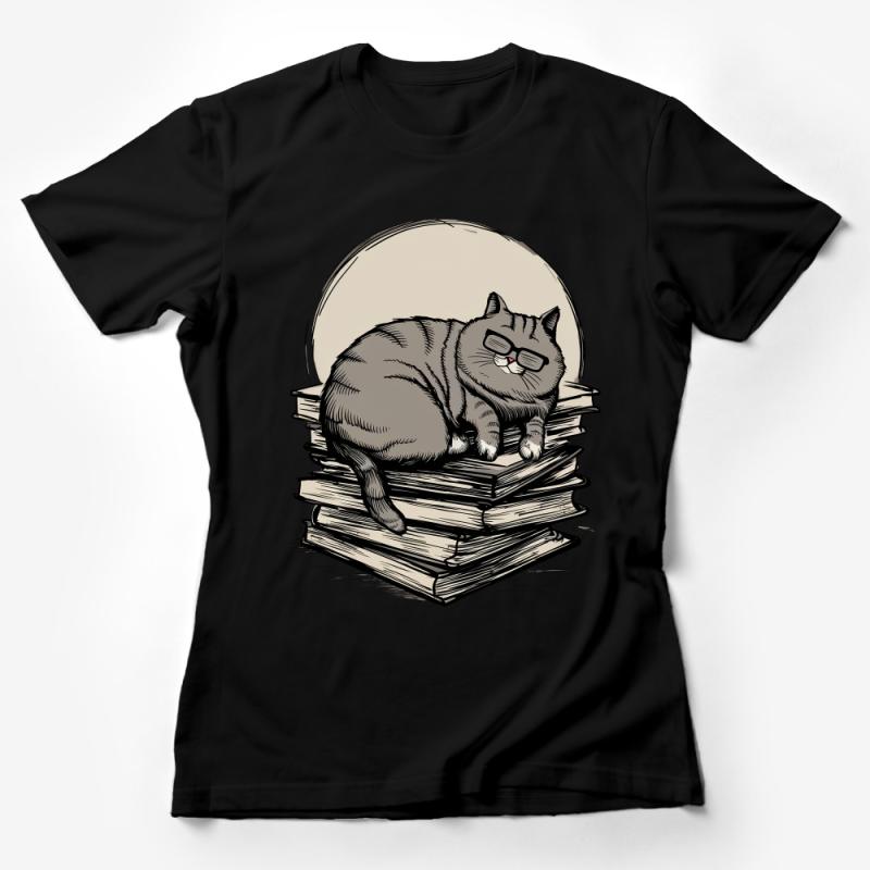 Cool Cat T-Shirt, Funny Sunglasses Cat on Books Graphic Tee, Unisex Casual Book Lover Gift, Novelty Animal Shirt Female T-Shirt